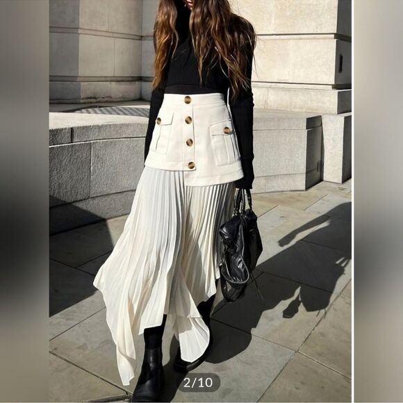 Commense Asymmetrical Pleated Midi Skirt NEW Size Large in Cream - Picture 1 of 10